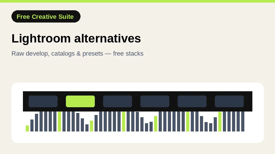 Guide card for free Lightroom alternatives — raw histogram and catalog strip for photo libraries